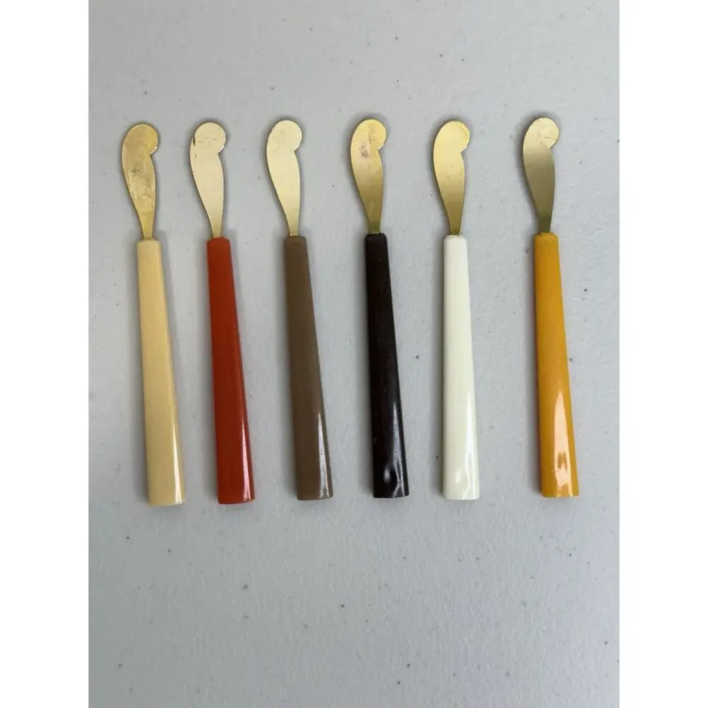 6 MCM Lucite Utensil Cheese Spreaders Bakelite Handles Gold Tone Stainless Steel